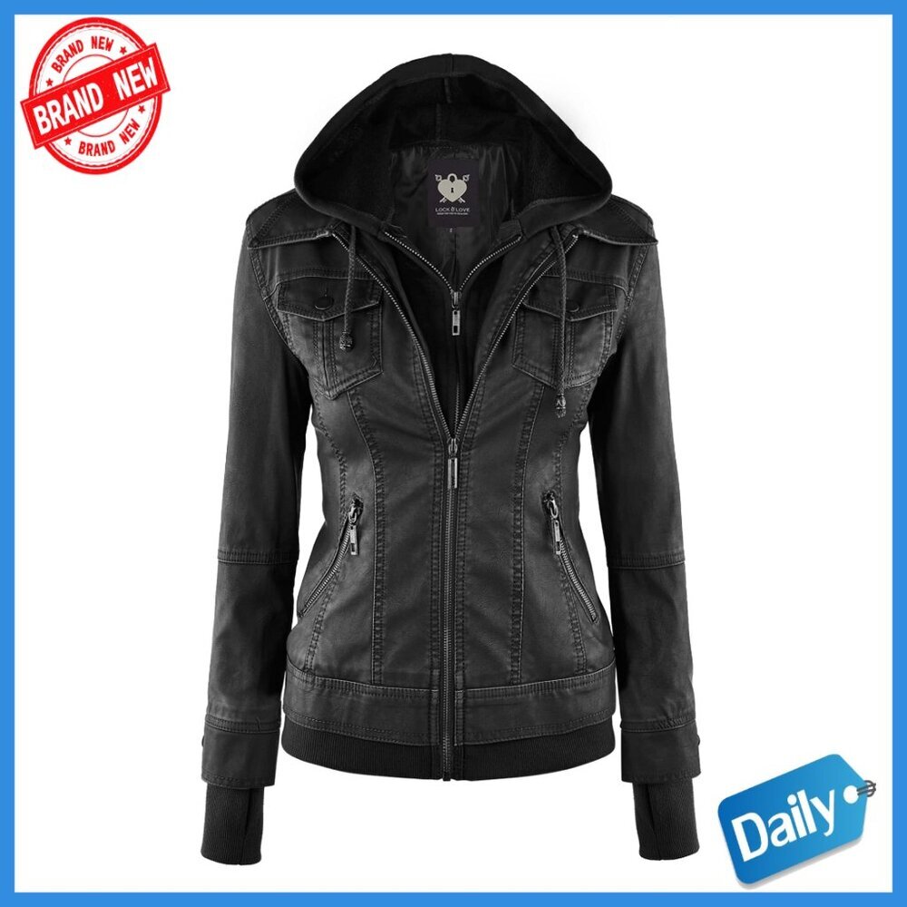 Faux Leather Moto Jacket with Removable Hood Slim Fit Women's Coat